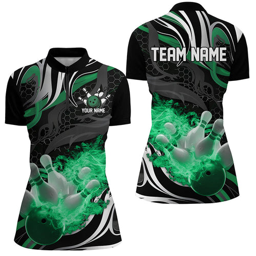 Green And Black Custom Flame Bowling Shirts For Women, Ladies Bowling Quarter Zip Shirt IPHW6770