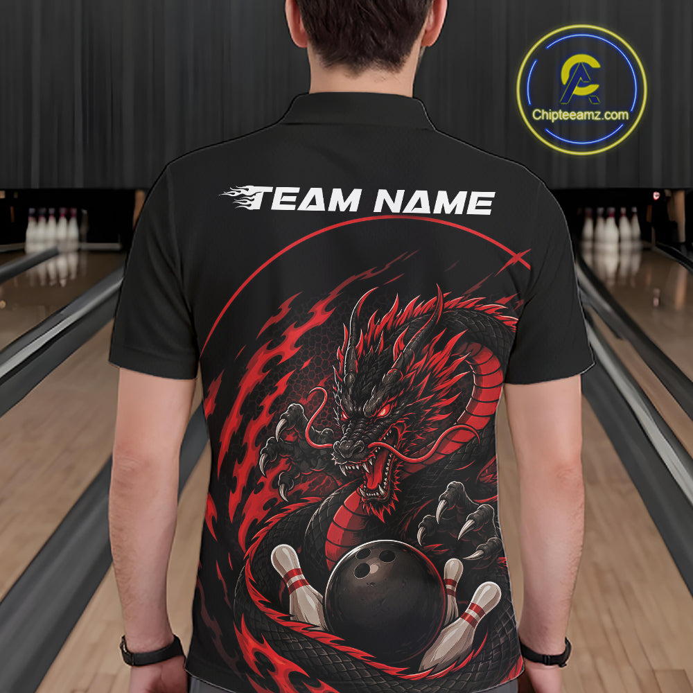 Back view of a male model in a bowling alley wearing a red custom bowling polo shirt featuring an aggressive dragon with flames in a dynamic and energetic design.