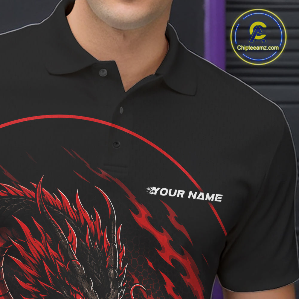 Close-up front view of the left chest area on a red custom bowling polo shirt featuring an aggressive dragon with flames in a dynamic and energetic design.