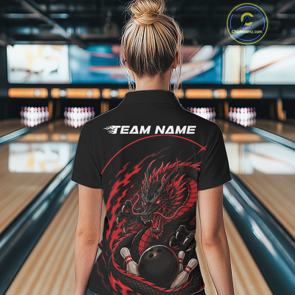 Back view of a female model in a bowling alley wearing a red custom bowling polo shirt featuring an aggressive dragon with flames in a dynamic and energetic design.