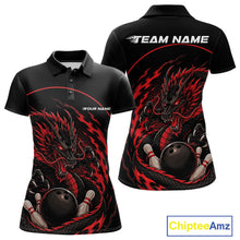 Load image into Gallery viewer, Front and back views of a red custom women's bowling polo shirt featuring an aggressive dragon with flames in a dynamic and energetic design.