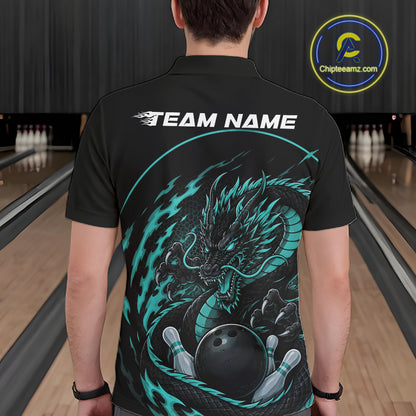 Back view of a male model in a bowling alley wearing a blue custom bowling polo shirt featuring an aggressive dragon with flames in a dynamic and energetic design.