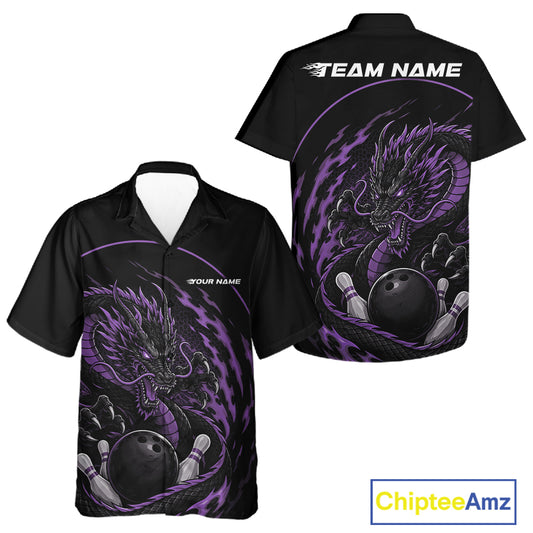 Front and back views of a purple custom bowling button-up shirt featuring an aggressive dragon with flames in a dynamic and energetic design.