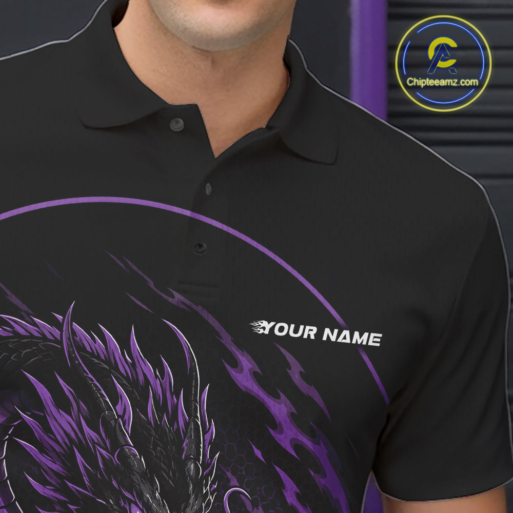 Close-up front view of the left chest area on a purple custom bowling polo shirt featuring an aggressive dragon with flames in a dynamic and energetic design.