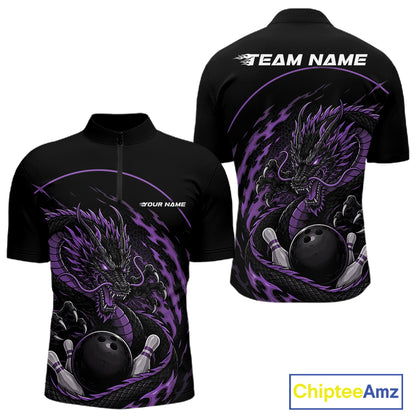 Front and back views of a purple custom quarter-zip bowling shirt featuring an aggressive dragon with flames in a dynamic and energetic design.