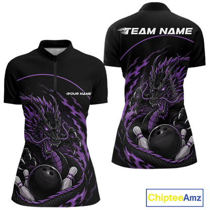 Front and back views of a purple custom women's quarter-zip bowling shirt featuring an aggressive dragon with flames in a dynamic and energetic design.
