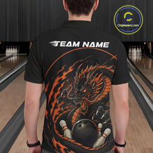 Load image into Gallery viewer, Back view of a male model in a bowling alley wearing an orange custom bowling polo shirt featuring an aggressive dragon with flames in a dynamic and energetic design.