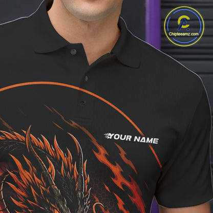 Close-up front view of the left chest area on an orange custom bowling polo shirt featuring an aggressive dragon with flames in a dynamic and energetic design.