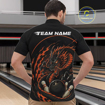 Back view of a male model in a bowling alley wearing an orange custom quarter-zip bowling shirt featuring an aggressive dragon with flames in a dynamic and energetic design.