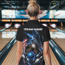 Load image into Gallery viewer, Female model back view in a bowling lane wearing a polo shirt with bald eagle gripping a blue bowling ball, flying pins, and American flag background.