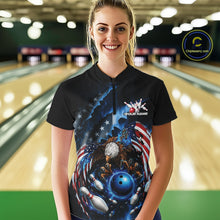 Load image into Gallery viewer, Female model front view in a bowling lane wearing a quarter zip shirt with bald eagle artwork, blue bowling ball, flying pins, and flag background.