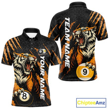 Load image into Gallery viewer, Front and back men’s Billiard polo shirt mockup featuring a roaring tiger emerging through orange claw marks while gripping billiard balls.