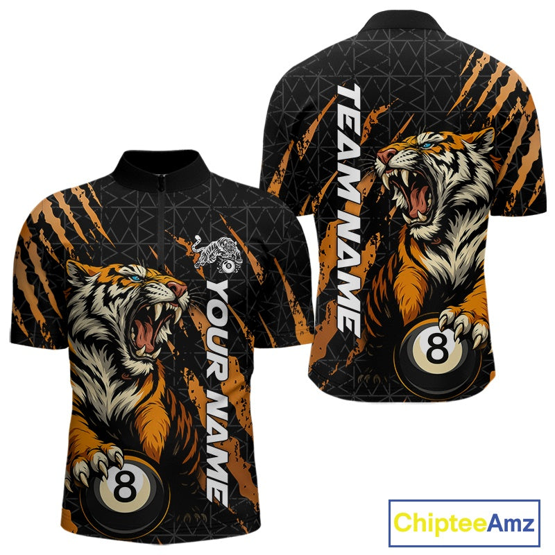 Men’s Billiard quarter zip shirt mockup shown front and back with roaring tiger artwork, orange claw marks, and billiard ball graphics.
