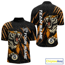 Load image into Gallery viewer, Men’s Billiard quarter zip shirt mockup shown front and back with roaring tiger artwork, orange claw marks, and billiard ball graphics.