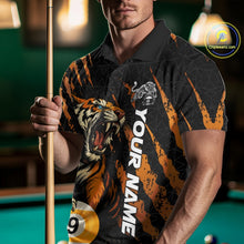 Load image into Gallery viewer, Male model front view wearing a Billiard polo shirt with roaring tiger artwork and orange claw mark details.