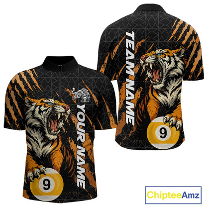 Front and back men’s quarter zip Billiard shirt mockup with a roaring tiger motif, billiard balls, and bold orange claw mark accents.