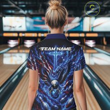 Load image into Gallery viewer, Back view of a female model in a bowling lane wearing a quarter zip shirt with eagle artwork around a bowling ball, flag elements, and pins.