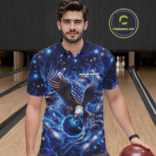 Load image into Gallery viewer, Front view of a male model at a bowling lane wearing a polo shirt with eagle artwork, bowling ball, flag accents, pins, and blue flames.