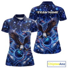 Load image into Gallery viewer, Front and back women’s polo shirt mockup with eagle artwork reaching toward a bowling ball, framed by flag elements, pins, and blue flames.