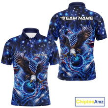 Load image into Gallery viewer, Front and back men’s bowling polo shirt mockup featuring an eagle reaching toward a bowling ball, framed by flag elements, pins, and blue flames.
