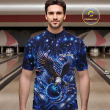 Load image into Gallery viewer, Front view of a male model in a bowling lane wearing a quarter zip shirt with eagle artwork, bowling ball, flag accents, pins, and blue flames.