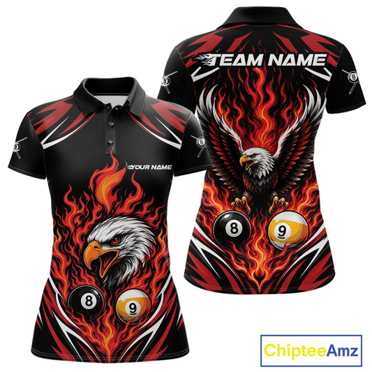 Front and back views of a black and red custom polo shirt featuring a flaming eagle surrounded by billiard 8 and 9 balls.