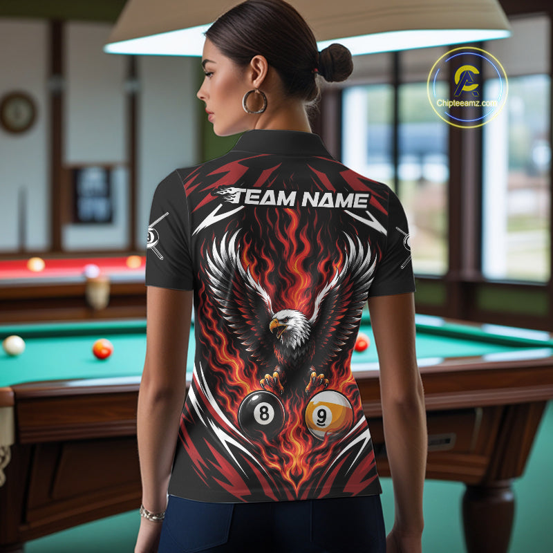 Custom Red Flame Eagle 8 Ball And 9 Ball Billiards Jersey Polo Shirt For Women IPHW11772