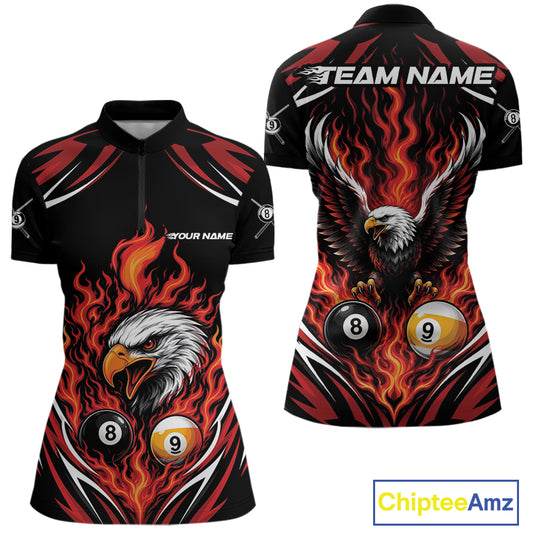 Front and back views of a women's short-sleeve billiards quarter zip shirt with a black base and a bold red, orange, and white flame graphic. The design features a bald eagle, pool billiard balls numbered 8 and 9-ball, and customizable text placeholders 'TEAM NAME' and 'YOUR NAME'.