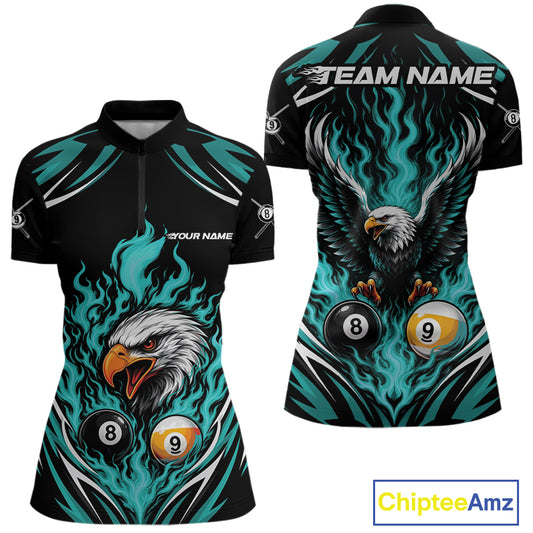 Front and back views of a womens short-sleeve billiards quarter zip shirt with a black base and a bold graphic design featuring a bald eagle, teal flames, billiard balls, and customizable text placeholders.
