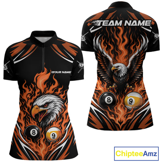 Front and back views of a women's short-sleeve billiards quarter zip shirt with a black base and a bold graphic print featuring orange flames, a bald eagle, pool balls, and customizable text areas.