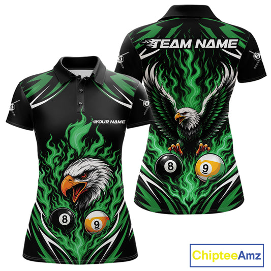 Front and back views of a black and green custom polo shirt featuring a flaming eagle surrounded by billiard 8 and 9 balls.
