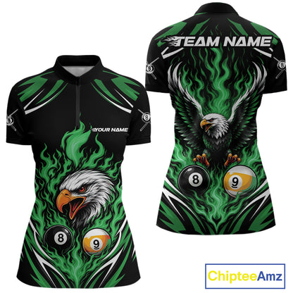 Custom Green Flame Eagle 8 Ball And 9 Ball Billiards Jersey Quarter-Zip Shirt For Women IPHW11775