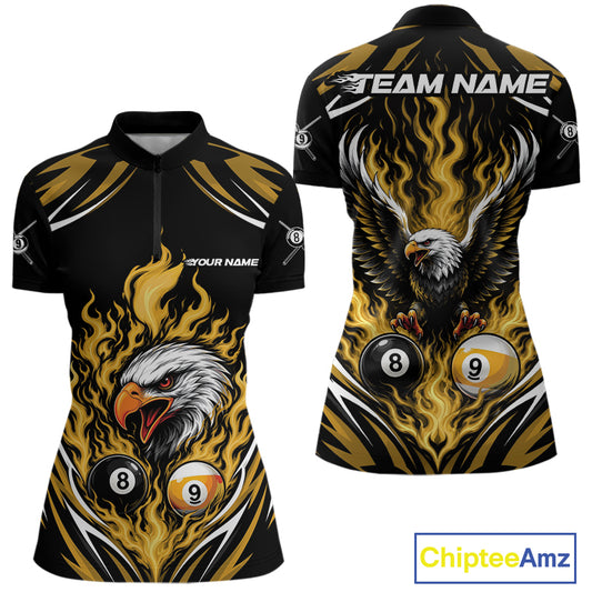 Front and back views of a short-sleeve billiards quarter zip shirt with a black base and a bold graphic print featuring a bald eagle, flames, pool balls, and customizable text placeholders. 