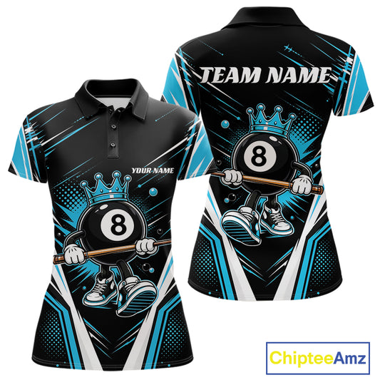 A women's short-sleeve polo shirt shown from the front and back, featuring a black base with bright blue and white graphic patterns, a cartoon 8-ball pool cue holder, and customizable text placeholders 'TEAM NAME' and 'YOUR NAME'.