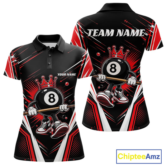 A women's short-sleeve polo shirt shown from the front and back, featuring a black, red, and white graphic design with an 8-ball character holding a pool cue, plus customizable text placeholders 'TEAM NAME' and 'YOUR NAME'.