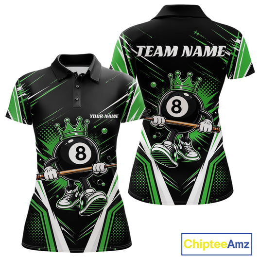Customizable black and green billiard polo shirt with crowned 8-ball cartoon character