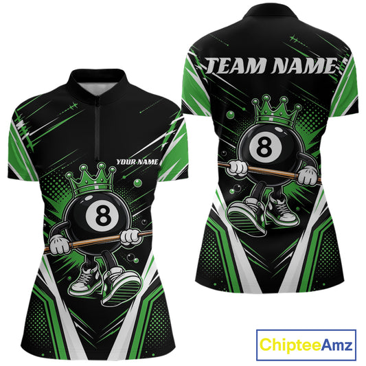 Custom short-sleeve billiards quarter zip shirt shown from the front and back on a white background. The jerseys are black with green and white graphic patterns, featuring a cartoon 8-ball character holding a cue stick.