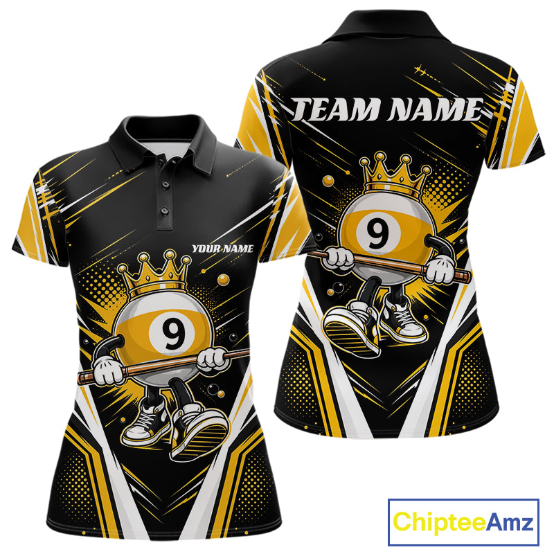 Custom black and yellow womens billiard polo shirt with crowned 9-ball cartoon character