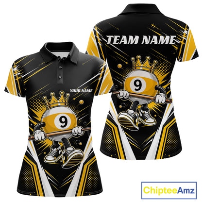 Custom black and yellow womens billiard polo shirt with crowned 9-ball cartoon character