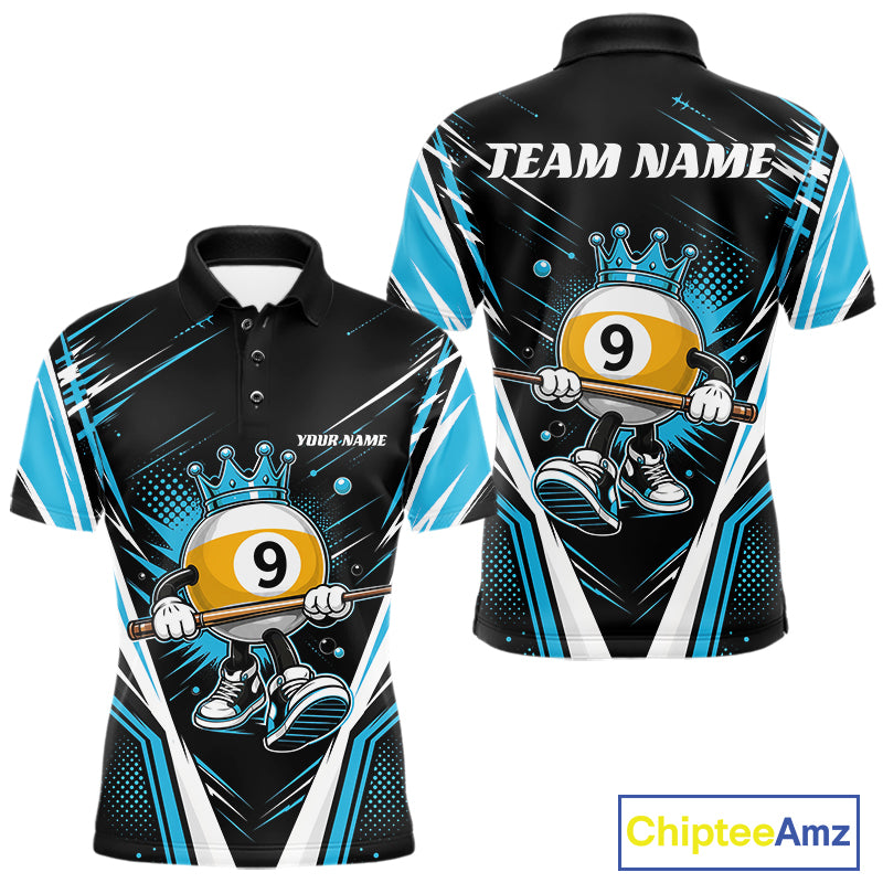 Front and back views of a custom short-sleeve billiard polo shirt on a white background. The shirt features a black base with bright blue and white graphic patterns and a cartoon billiard 9-ball character with a gold crown