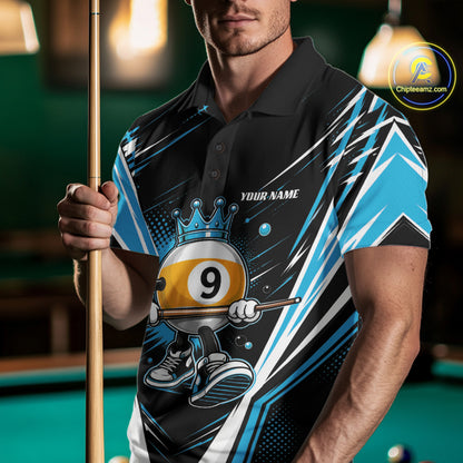 A man wearing a custom black and blue billiard polo shirt with crowned billiard 9-ball cartoon character
