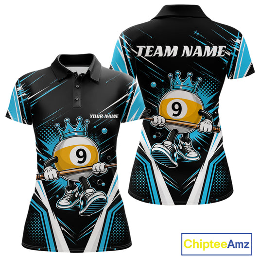 Front and back views of a black and blue women's short-sleeve billiard polo shirt with crowned 9-ball cartoon character