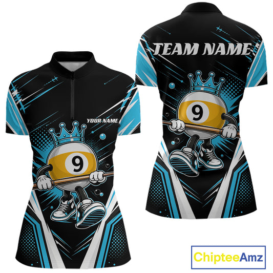 Front and back views of a custom short-sleeve billiards quarter zip shirt  on a white background. The jersey features a black base with bright blue and white geometric patterns and a cartoon billiard ball character wearing a crown and holding a cue stick.