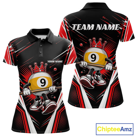 Front and back views of a womens short-sleeve billiard polo shirt in black, red, and white, featuring a cartoon 9-ball pool graphic and customizable text fields.
