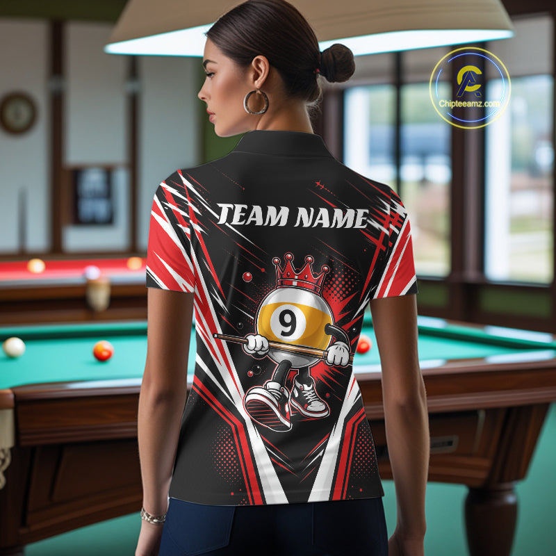 Custom Funny 9 Ball Wearing Crown Billiards Queen Women Polo Shirt, Red Pool Team Jerseys IPHW11796