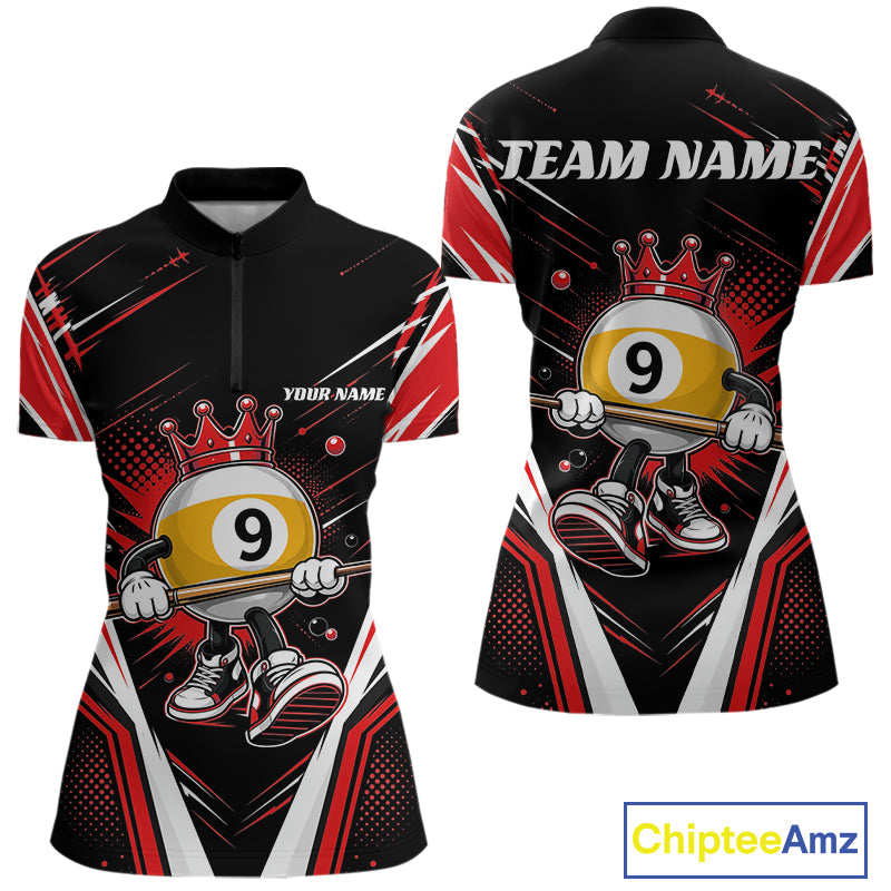 Custom Funny 9 Ball Billiards Queen Women Quarter-Zip Shirt, Red Pool Team Jerseys IPHW11796