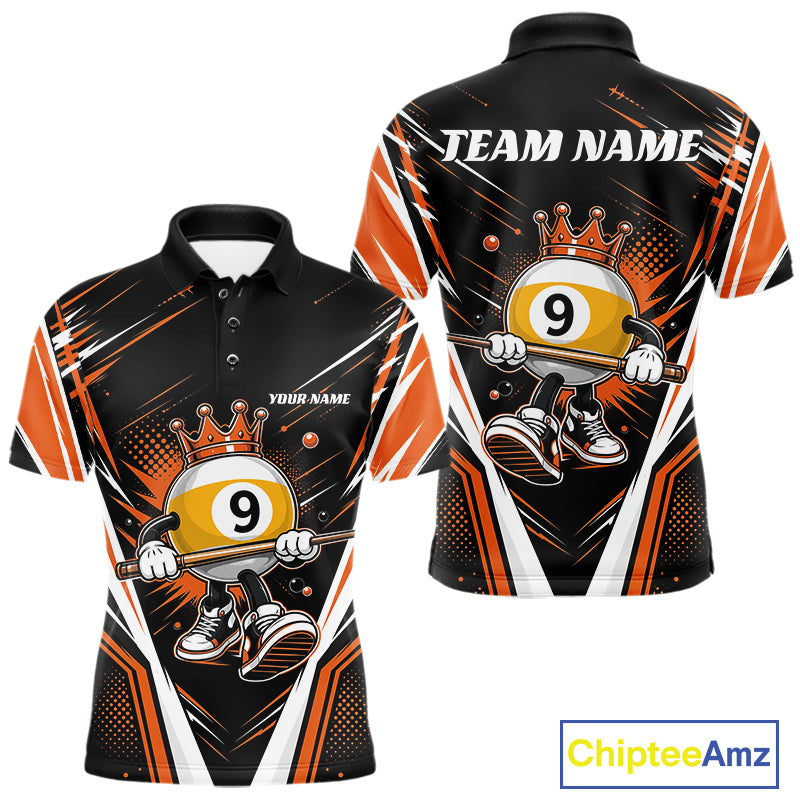 Front and back views of a custom short-sleeve billiard polo shirt featuring a cartoon billiard ball character with a gold crown, billiard 9-ball, and dynamic orange, white, and black graphic patterns. The front shows 'YOUR NAME' and the back shows 'TEAM NAME'.