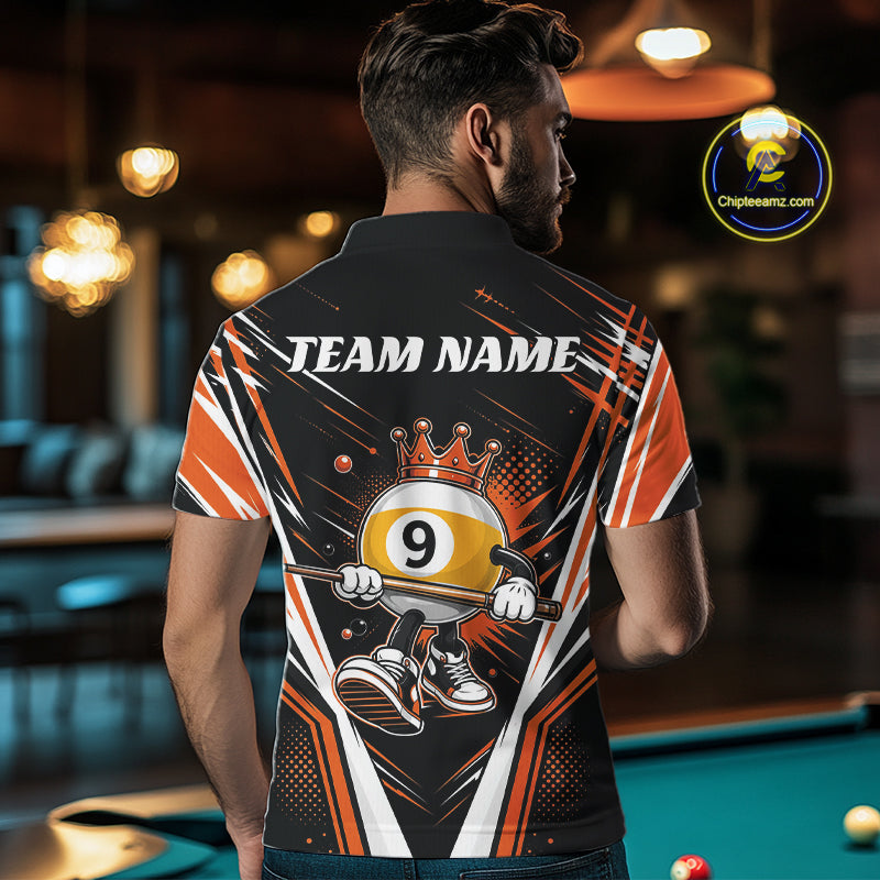 A man viewed from behind wearing a custom black and orange billiard polo shirt with crowned 9-ball cartoon character