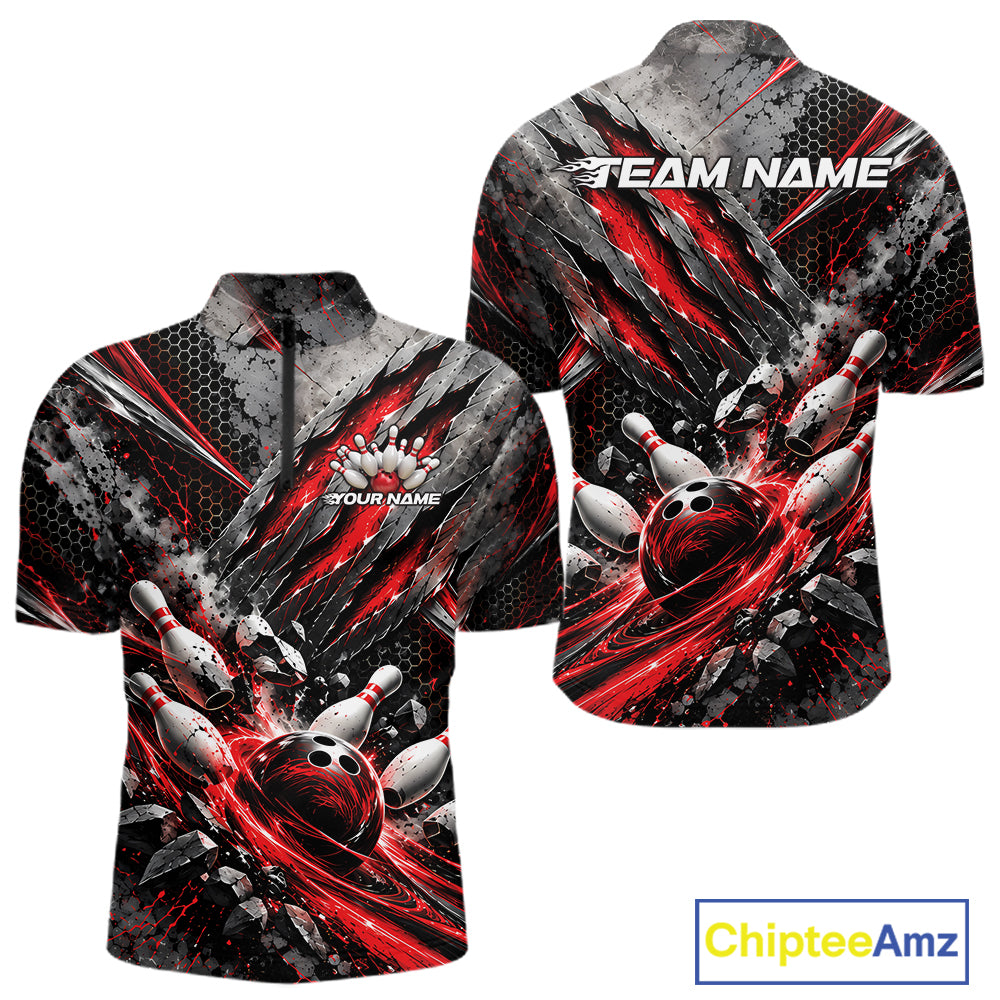 Red Claw Marks Custom Bowling Jersey, Bowling Tournament Men Quarter Zip Shirt Team Uniform IPHW12415