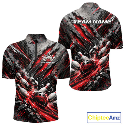 Red Claw Marks Custom Bowling Jersey, Bowling Tournament Men Quarter Zip Shirt Team Uniform IPHW12415